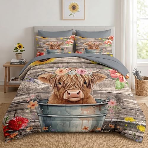 WeCozy 7 Pcs Queen Size Comforter Set with 2 Pillowcases & 2 Shams, Highland Cow Flower Bedding for Kids and Adults, Happy Cute Cartoon Bed in a Bag with Flat Fitted Sheet