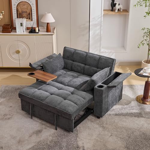 Ball & Cast 2 Seater Pull Out Sofa Bed, Double Recliner Sofa with Cup Holder and Hidden Table, Daybed with USB&Type-C, 3-Gear Back Angle Adjustable, Suitable for Apartment, Living Room, Bedroom, Grey