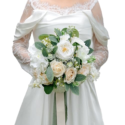 BENCENTRE 10 Inch White Bridal Bouquet,Wedding Bouquet,Bride Bouquets for Wedding Ceremony Anniversary, Party and French Rustic Vintage Wedding,Artificial Flowers
