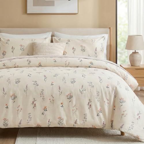 Cozaline Cream Duvet Cover Set Queen Size 100% Washed Cotton Linen Like Textured Comforter Cover 3 Pcs Luxury Soft and Breathable Floral Duvet Cover with Zipper Closure