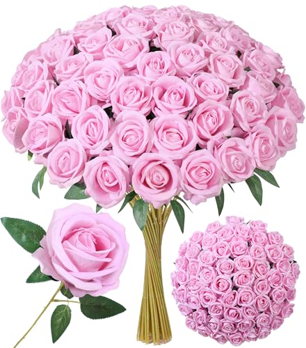INSPRING 50 PCS Pink Roses Artificial Flowers with Long Stems - Real Looking, Fake Roses, Silk Flowers, DIY Bouquet, Wedding Party Celebration Home Bridal Decoration Gift, for Her Wife