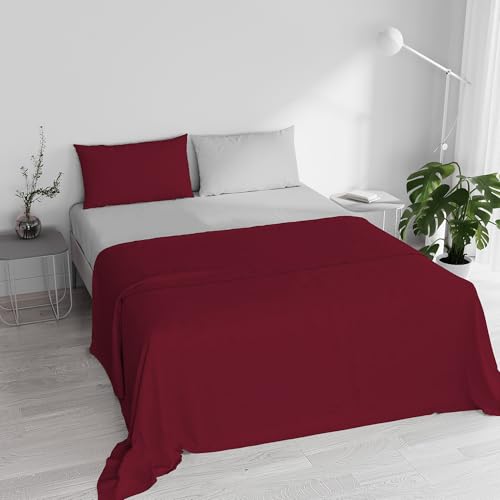 Double Bed Sheet Set, 100% Natural Cotton, Made in Italy – Complete Bed Set, Fitted Sheet, Top Sheet 240 x 300 cm and Pillowcases with Inner Flap, Burgundy/Light Grey