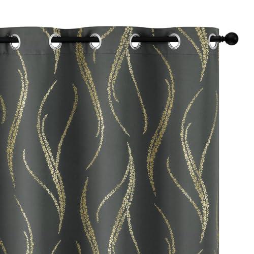 Yakamok Blackout Curtains 72 inch Length Living Room Thermal Insulated Gold Wave Line Dots Pattern Curtains Room Darkening Grommet Curtains for Bedroom, Emerald Green, W42 x L72-inch, 2 Panels