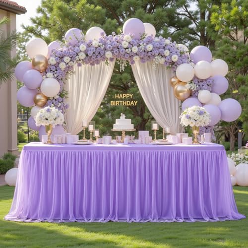 Purple Tablecloth Rectangle 6 Foot Stretch Elastic Fitted Tulle Ruffle Lilac Lavender Tablecloths Rectangular Spandex Table Covers 6ft Birthday Baby Shower Wedding Party Table Cloths with Skirt