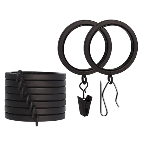 "BlastHome?? Luxury Curtain Rings - Premium Metal with Quiet, Smooth Nylon Inserts - Pinhooks and Clips Included - 1 1/2"" Inside Diameter - 9 Rings for One Standard Curtain - Brushed Dark Brown"