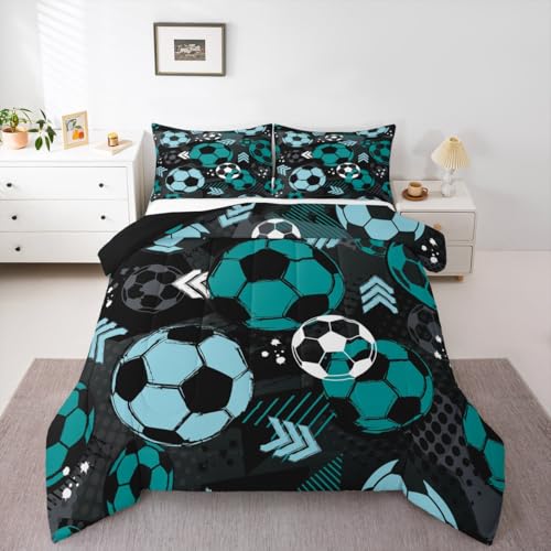 jejeloiu Boys Soccer Comforter Set Full Size Kids Football Bedding Set for Girls Teens Sports Ball Gaming Geometric Duvet Quilt Room Decor