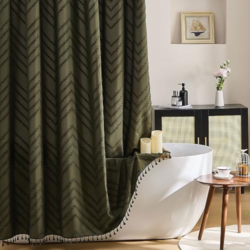 Siiluminisoy Extra Long Olive Green Boho Shower Curtain with Tassel, Woven Fabric 90 in Shower Curtain, Tufted Chevron Striped, 72 x 90, Modern Chic Textured Minimalist Bathroom Shower