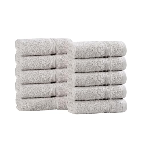 "Superior Luxurious Soft Hotel & Spa Quality Washcloth Face Towel Set of 10, Made Long-Staple Combed Cotton - Silver, 13"" x 13"" each"