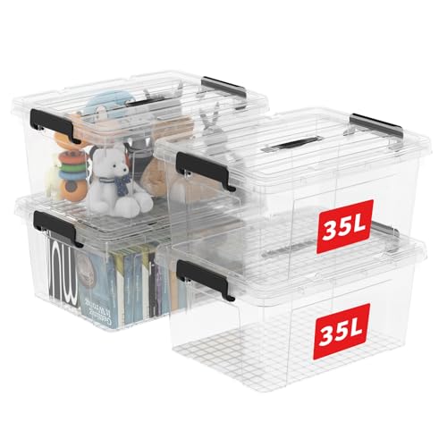 Cetomo 35L*4 Storage Boxes, Carry Plastic Storage Box with Lids, Clear Organizing Container with Handle and Secure Latches, Nestable & Stackable Tote Box for Home Office, 35L-4 Pack, Transparent