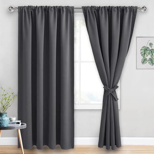 JIUZHEN Blackout Curtains for Bedroom - 70 x 84 Inch Extra Wide Privacy Assured Thermal Insulated Room Darkening Room Divider Curtain Cover for Living Room, Set of 2 Panels with Tiebacks, Dark Grey