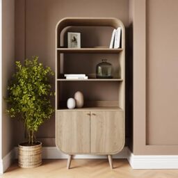 GFW Vionna Bookcase with Cabinet Storage, Oak Effect Shelving Unit with Curved Design & Tapered Wooden Legs