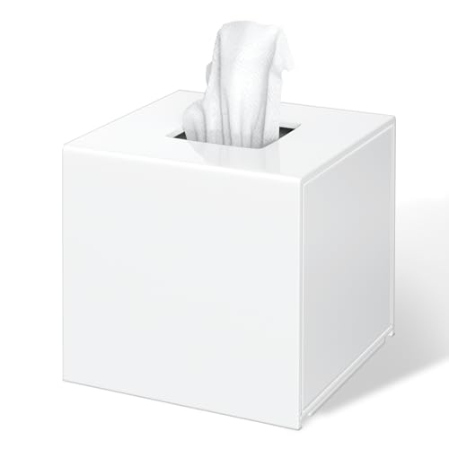 FEMELI Tissue Box Cover, Square Acrylic Tissues Paper Holder for Bathroom Bedroom Office, White