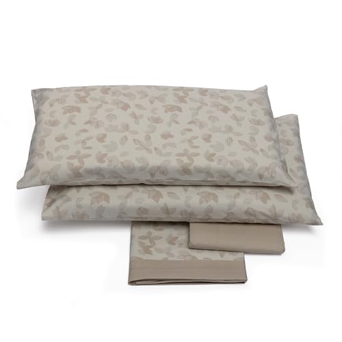 Foppapedretti Notte & Natura Double Bed Set 2P, Top Sheet, Fitted Sheet and 2 Pillowcases Sand Leaves 100% Cotton, Made in Italy
