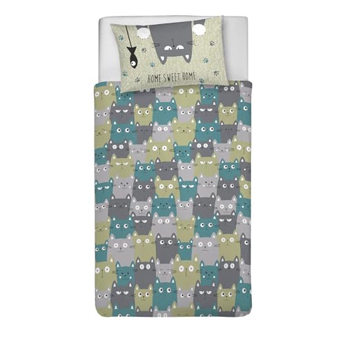 PENSIERI DELICATI 100% Cotton Single Duvet Cover Set, Complete with 150 x 200 cm Bag and 1 Pillowcase 52 x 82 cm, Made in Italy, Duvet Cover Machine Washable At 40 Degrees, Happycat Design Green