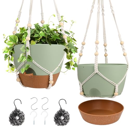 10 Inch Hanging Planters for Indoor Outdoor Plants, 2 Pack Self Watering Hanging Pot with Drainage Holes & 2 Kinds of Plant Hangers, Hanging Baskets Flower Pots for Garden Home (Green)