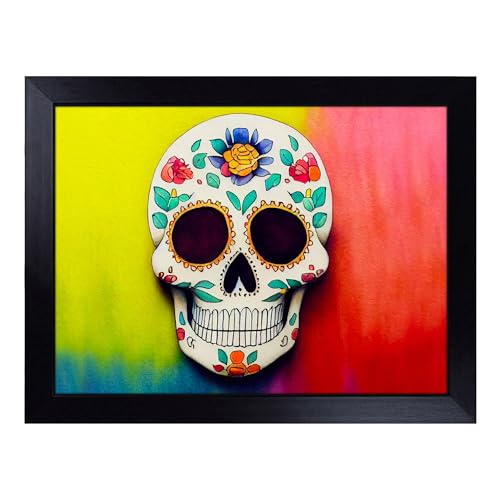 Lap Tray with Bean Bag Cushion, A Decorated Floral Sugar Skull - Handmade in the UK, Raised Wooden Edge, Padded Cushion, Heat-Resistant Wipe-Clean Surface, for Meals, Laptops and Crafts