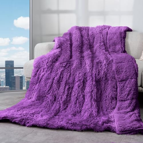 Cottonblue Weighted Blanket 15lbs Queen Size 60x80 inches Soft Sherpa Plush - Luxury Cozy Faux Fur Weighted Blankets for Better Sleep Calm Relax, Fuzzy Warm Plush Heavy Blanket Throw for Bed Sofa, Purple