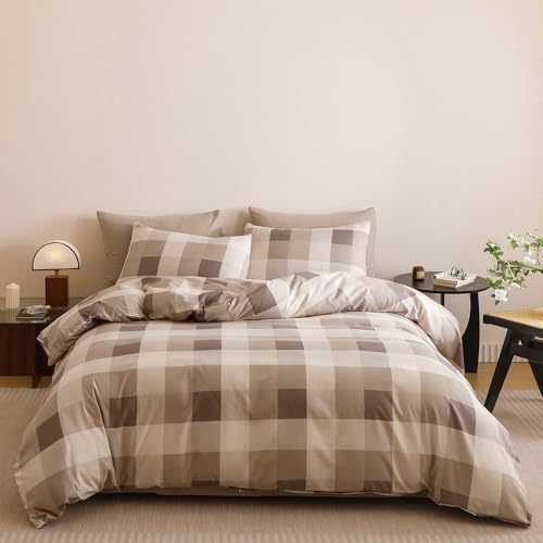 CLOTHKNOW Brown Plaid Queen Comforter Set Buffalo Checker Bedding Sets - Tartan Checkered Bedding Comforter Sets, Soft All Season Lightweight Quilt Blanket