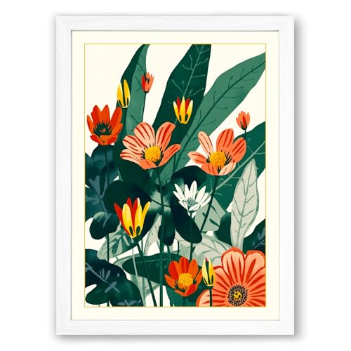 Midcentury Floral Cluster Botanical Framed Wall Art Print A1 (84.1×59.4cm) White, Wall Decor for Living Room, Bedroom, Office & Home, Ready to Hang, Art Gift