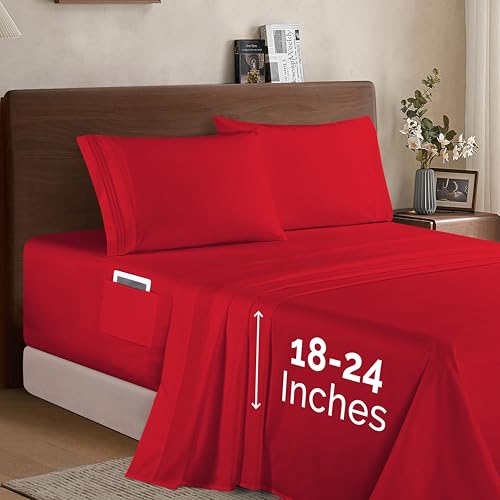 Elegant Comfort - Microfiber 1500 Thread Count Hotel Quality 4 Piece Bed Sheet Set Soft with Full Elastic for Thick Mattresses (18 to 24 inch Thickness), Twin/Twin XL, Red