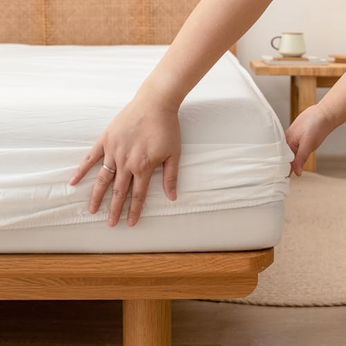 BESTOUCH California King Fitted Bottom Sheet???100% Washed Cotton Linen-Like - 16-19 Inch Deep Pocket Fits Mattress - Fade Resistant Soft Comfy Durable Easy Care