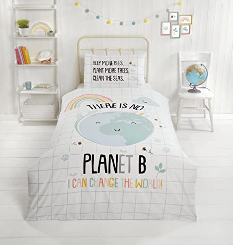 Rapport Home Furnishings Kids' Sustainable Double Bedding Set – Eco-Friendly Reversible Duvet Cover, Easy Care Planet B Design, Soft & Durable Bedding for Young Environmentalists