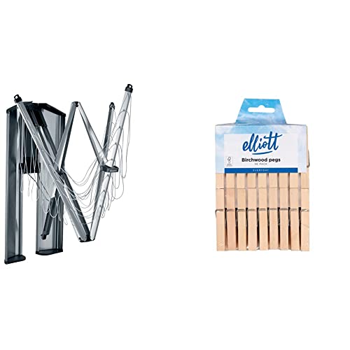 Brabantia - WallFix - 24 Metres of Clothes Line - UV-Resistant & Non-Slip Lining - Foldable Rotary Dryer - Easy to install - with Storage Box - Metallic Grey - 184 x 182 cm & 36 Hardwood Clothes Pegs