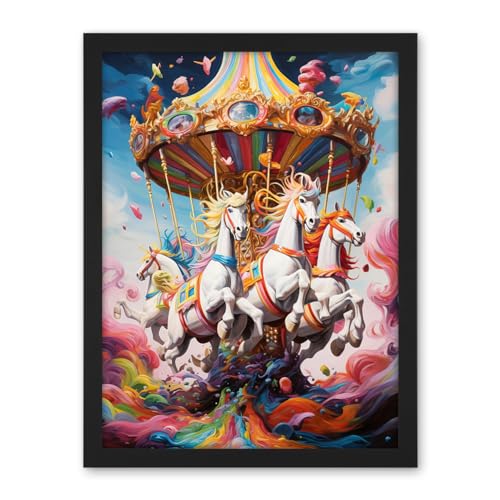 Artery8 Magical Carousel in Rainbow Clouds Bright Bold Vibrant Fantasy Kids Bedroom Baby Nursery Artwork Framed Wall Art Print 18X24 Inch