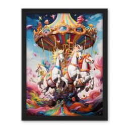 Artery8 Magical Carousel in Rainbow Clouds Bright Bold Vibrant Fantasy Kids Bedroom Baby Nursery Artwork Framed Wall Art Print 18X24 Inch