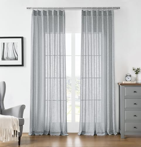 "Central Park Gray Pinch Pleat Semi Sheer Curtain 108 Inches Extra Long Textured Farmhouse Window Treatment Drapery Sets for Living Room Bedroom, 40""x108""x2, Grey/White"