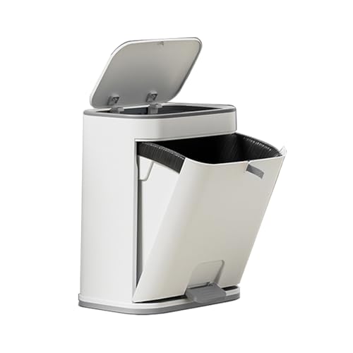 Bathroom Trash Can with Lid, Plastic 3 Gallon Garbage can with Press top Lid, Gold Step Pedal Trash can, Narrow White Trash bin for Kitchen, Bathroom, Bedroom, Living Room, Office, Dog Proof Trash Can