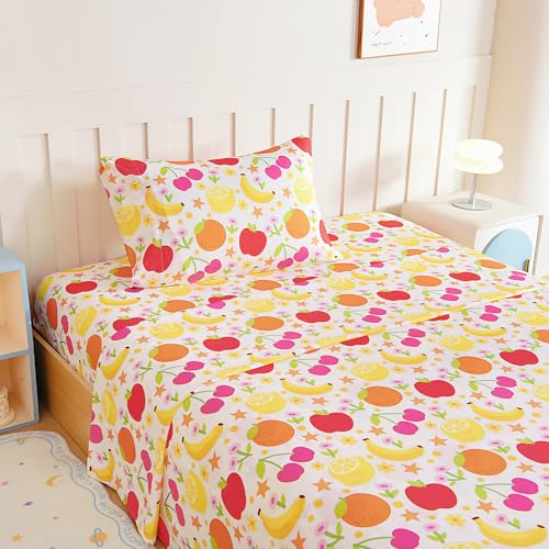Homilay Twin Sheet Set Kids - Banana Orange Lemon Cherry 3 Pieces Soft Microfiber Cartoon Style Bedsheets for Boys Girls Teens, Oeko TEX, Breathable Deep Pocket Sheets(Fruit)