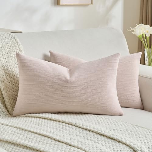 FUTEI Pink Decorative Throw Pillow Covers 12x20 Inch Set of 2,Soft Cozy Wheat Ear Striped Patterns Lumbar Pillow Cases,Modern Home Decor for Couch Bed Living Room