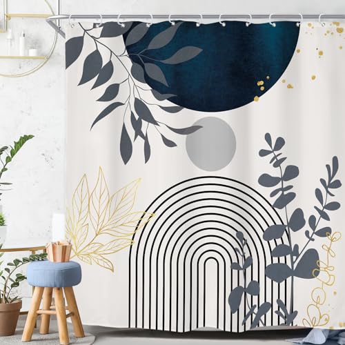 "Navy Blue Boho Mid Century Extra Long Modern Bathroom Shower Curtain Set - 72""W x 84""H Abstract Leaves waterproof HD print, quick-dry fabric with plastic hooks for easy hanging."