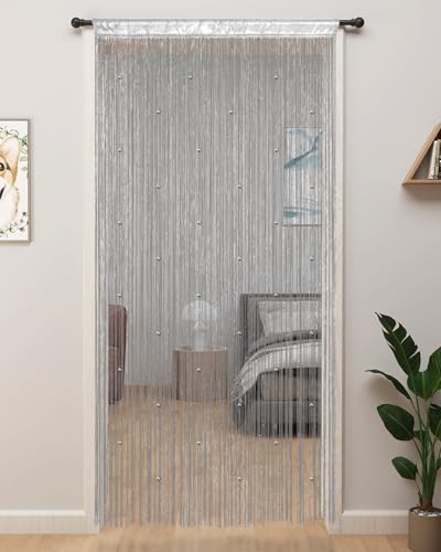 "YIIBAII Beaded Curtain Beaded Curtains for Doorways Crystals Suitable for Interior Hanging Decoration and Partitions Closet Curtains (Silver, 39""x79"")"