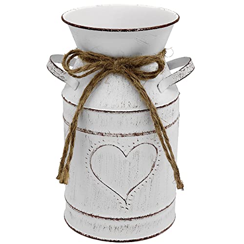"Fovasen Romantic Heart-Shaped Rustic Milk Can French Style Country Primitive Jug Vase, Farmhouse Decor Metal Flower Pitcher Vase Galvanized Bucket for Kitchen Bathroom Home Weddings Office -7.8"" H"