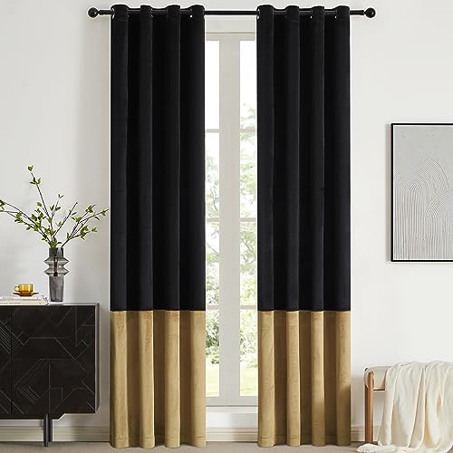 BULBUL Black Gold Color Block Window Curtains Panels 120 inches Long Velvet Farmhouse Drapes for Bedroom Living Room Darkening Treatment with Grommet Set of Black Gold