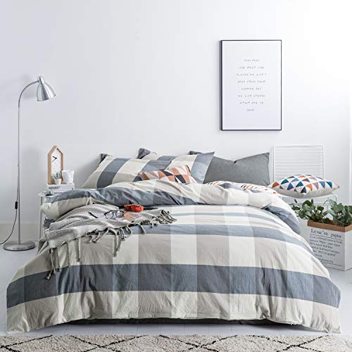 SUSYBAO Blue Checkered Duvet Cover Queen Size 100% Washed Cotton Plaid Duvet Cover Set 3 Pieces 1 Grid Duvet Cover with Zipper Ties 2 Pillow Cases Luxury Soft Blue Checkered Bedding Set Breathable