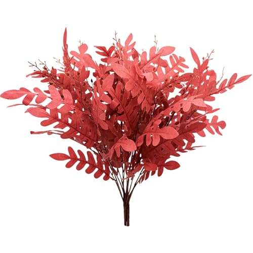 FERIAL 3PCS Artificial Greenery Stems Faux Shrub Bushes Silk Locust Green Leaf Bouquet Red for Wedding Kitchen Garden Patio Vase Table Centerpieces Indoor Outdoor Decor