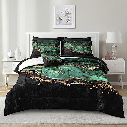 Green Marble Comforter Set Emerald Green Bedding Comforter Black Gold Marble River Abstract Texture Black and Green Comforter Full Size Bed in a Bag 8 Pieces
