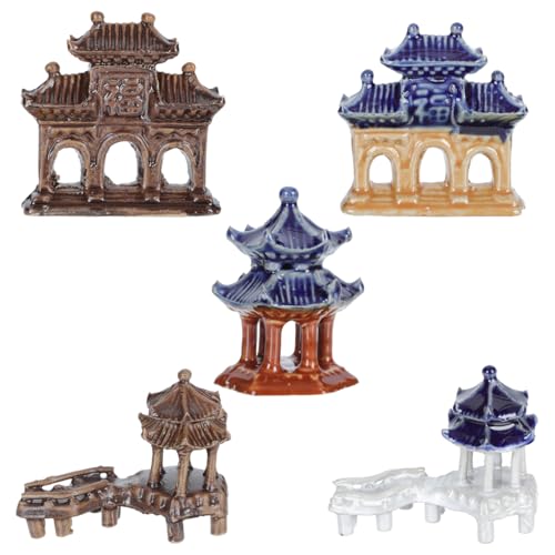 DOITOOL Ceramic Pavilion Ornaments Set of 5 Miniature Garden Pavilion Shaped Landscape Decor for Bonsai Terrarium Balcony Yard Micro Landscaping 2.56X1.97X1.18In