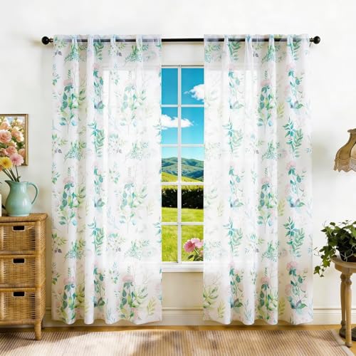 "youleyar Floral Sheer Curtains for Living Room 72 Inches Long 2 Panels White Semi-Sheer Curtain with Pink Floral Printed Pattern Summer/Spring Rod Pocket Voile Drapes for Bedroom, 52"" W x 72"" L"