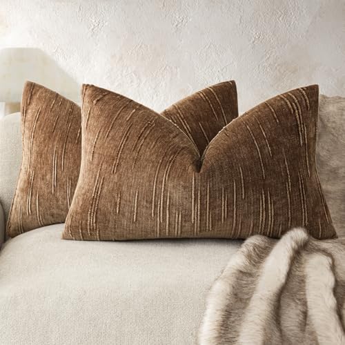 Foindtower Pack of 2 Slubby Textured Chenille Throw Decorative Pillow Covers Lumbar Accent Solid Cushion Cover Neutral Farmhouse Pillow Case for Couch Sofa Bedroom Living Room 12x20 Inch,Dark Bronze