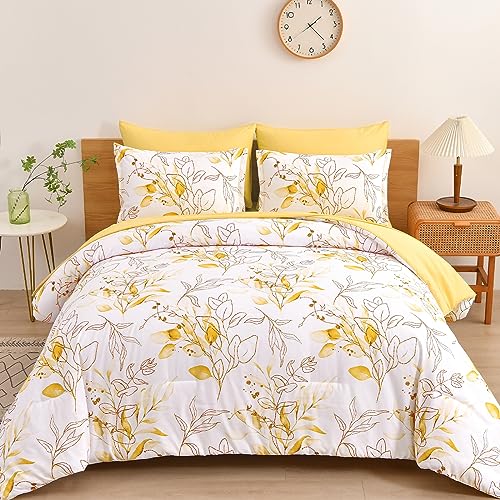 WONGS BEDDING Yellow Botanical Comforter Set Queen, 7 Pieces Floral Bed in a Bag Gloden Leaves Bedding Set Soft Microfiber Queen(1 Comforter,2 Pillowcase,2 Pillow Shams,1 Flat Sheet,1 Fitted Sheet)