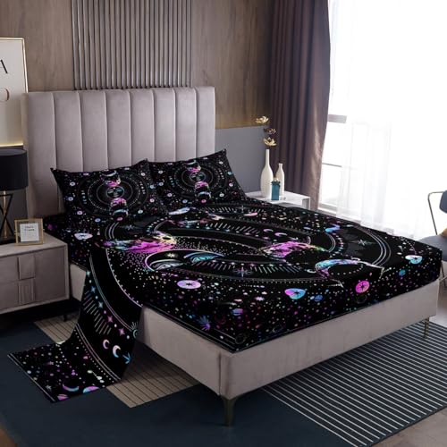 Manfei Sun and Moon Sheet Set King Size, Stars Space Psychedelic Bed Sheet Set 4pcs with Deep Pocket Fitted Sheet + Flat Sheet + 2 Pillowcases, Boho Sun Moon Colorful Bedding Set for Kids Girls Adult