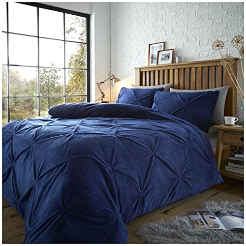 GC GAVENO CAVAILIA Teddy Fleece Duvet Cover, Luxury Quilt Pleated Bed Covers Soft & Cosy Pintuck Bedding, Single, Navy