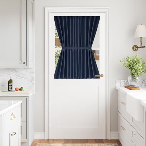 Vatge Privacy French Door Curtain - Thermal Insulated Self Adhesive Blackout Door Curtains with Tieback, 1 Panel, W54 x L40, Navy