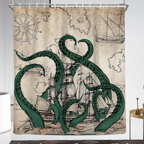 Coxila Vintage Octopus Shower Curtain Extra Long XL Large Nautical Retro Fun Funny Kraken Monster Ocean Sea Anime Pirate Cool Horror Sailboat Map Men Unique 72 x 84 Inch Polyester Fabric 12 Pack Hooks