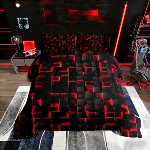 Erosebridal Boys Red and Black Comforter Set Queen Geometric Checkered Kids Bedding Set Teen Men Gaming Room Decor,Abstract Ombre Plaid Comforter Geometry Grids Quilt Duvet