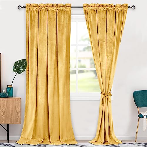 Hiasan Velvet Curtains 108 inch Blackout Rod Pocket Thermal Insulated Soft Curtains Room Darkening Window Drapes with Tiebacks for Bedroom Living Room, Set of 2 Panels, 52W x 108L, Yellow